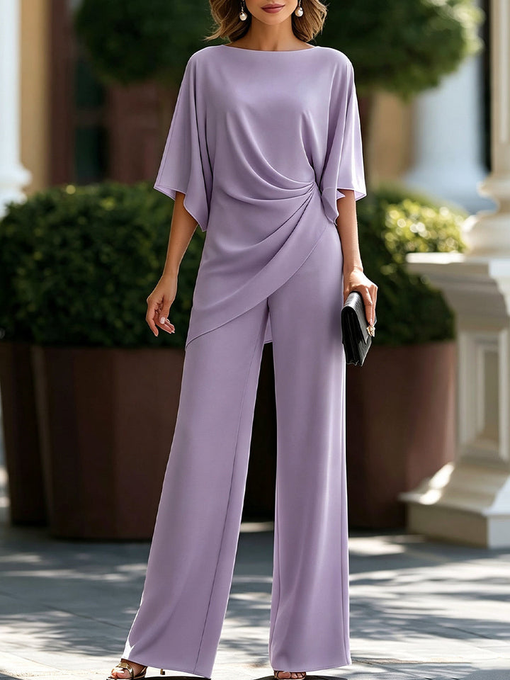 Draped Blouse and Wide-Leg Pants – Two-Piece Set