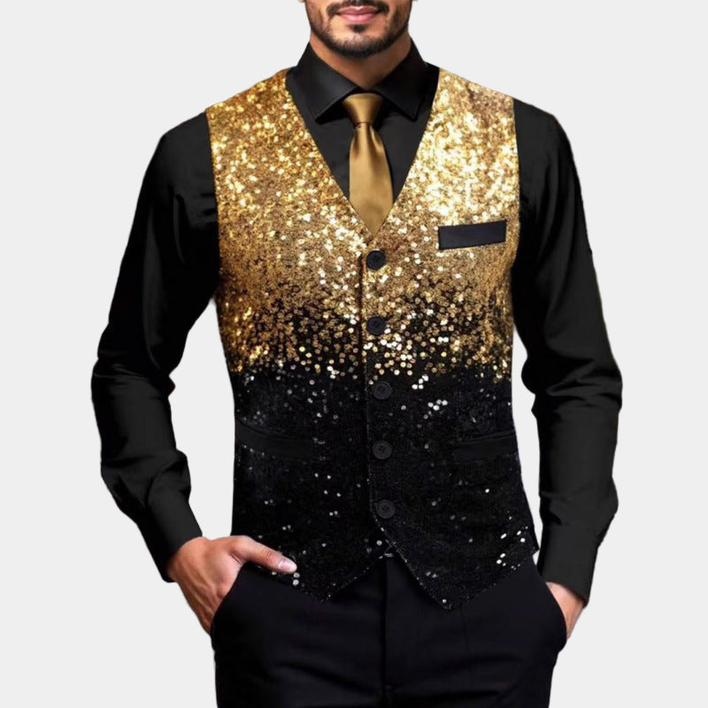 Men's Glitter Vest with Satin Lapels Gold