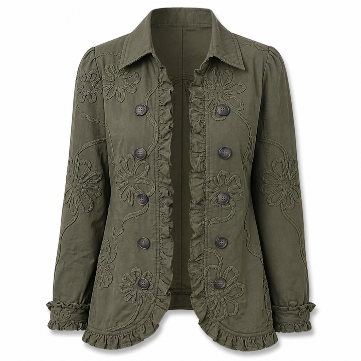 Floral Embroidered Utility Jacket – Vintage Boho Style with Ruffle Trim