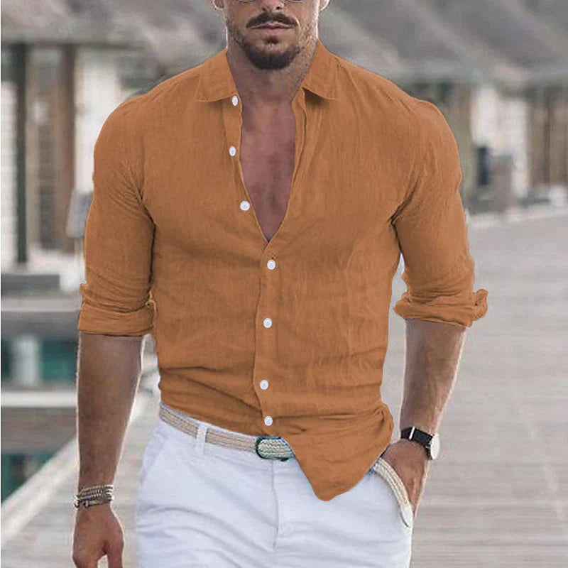 Men's Long Sleeve Button-Up Shirt with Turn-Down Collar