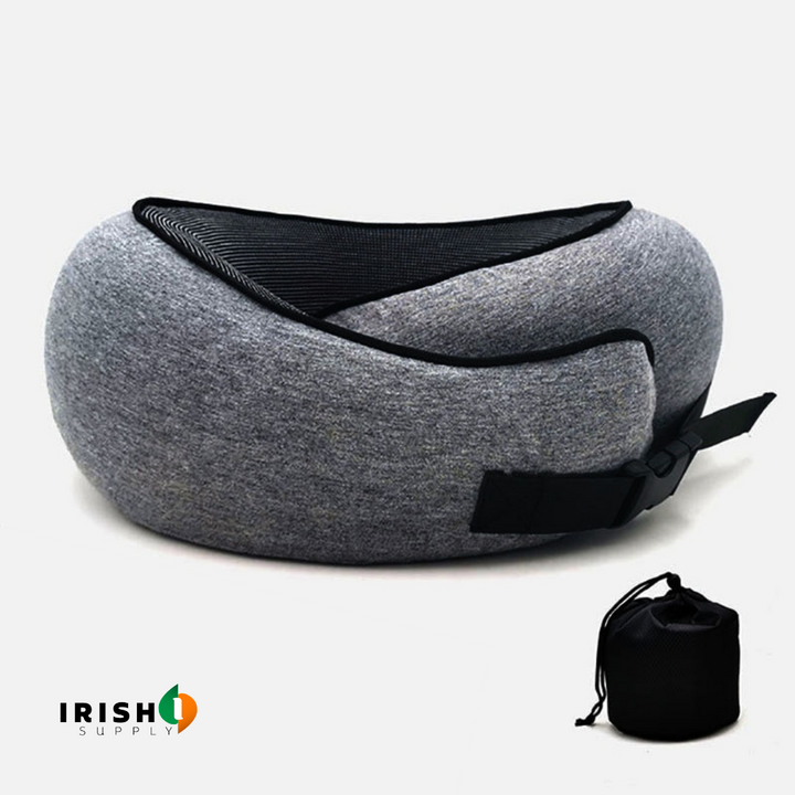 Front-support neck travel pillow with memory foam and fastener for sleeping on a plane