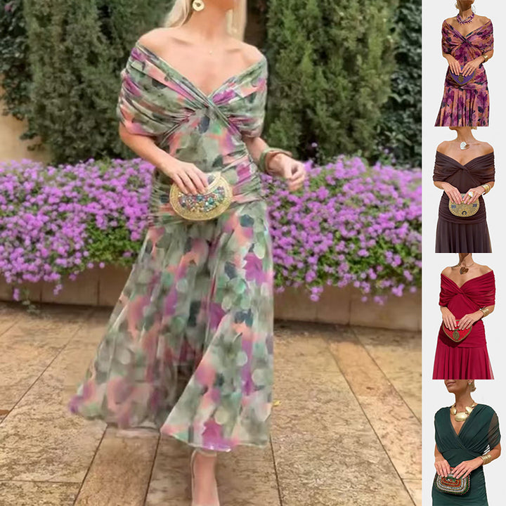 Chiffon Short-sleeved Dress Summer Fashion Print V-neck Long Dress, Women's Clothing