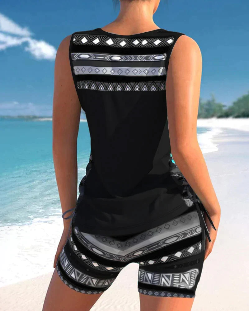 Trendy Swimwear with V-Neck & Geometric Pattern – Madonna Tankini Set