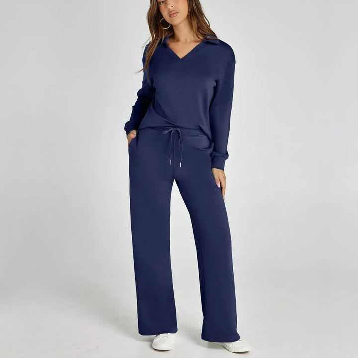 Women's Loungewear Set with V-Neck Sweatshirt and Wide Comfy Pants