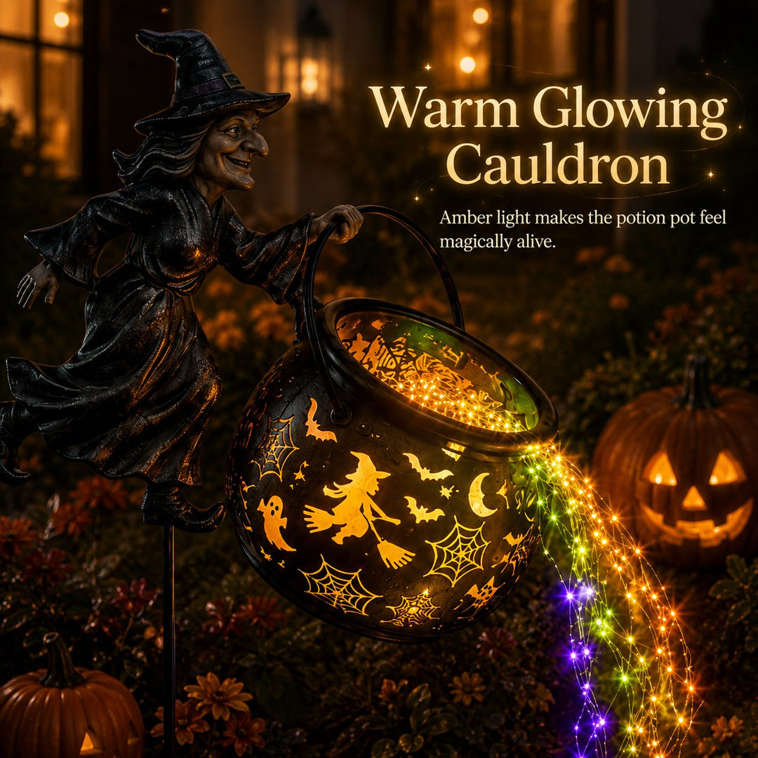 Halloween Witch's Cauldron Garden Lamp with Colorful Glow and Spooky Projections