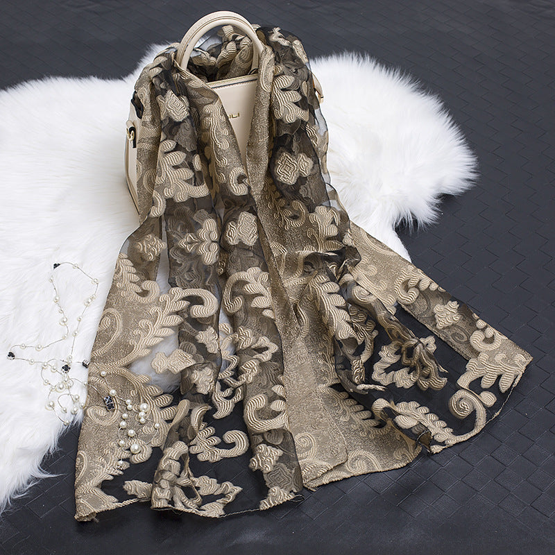 Silk Scarf with Cut Flower Pattern and Blank Motif