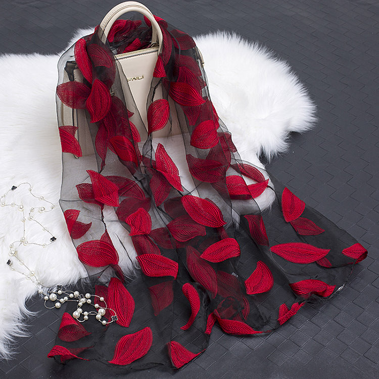Silk Scarf with Cut Flower Pattern and Blank Motif
