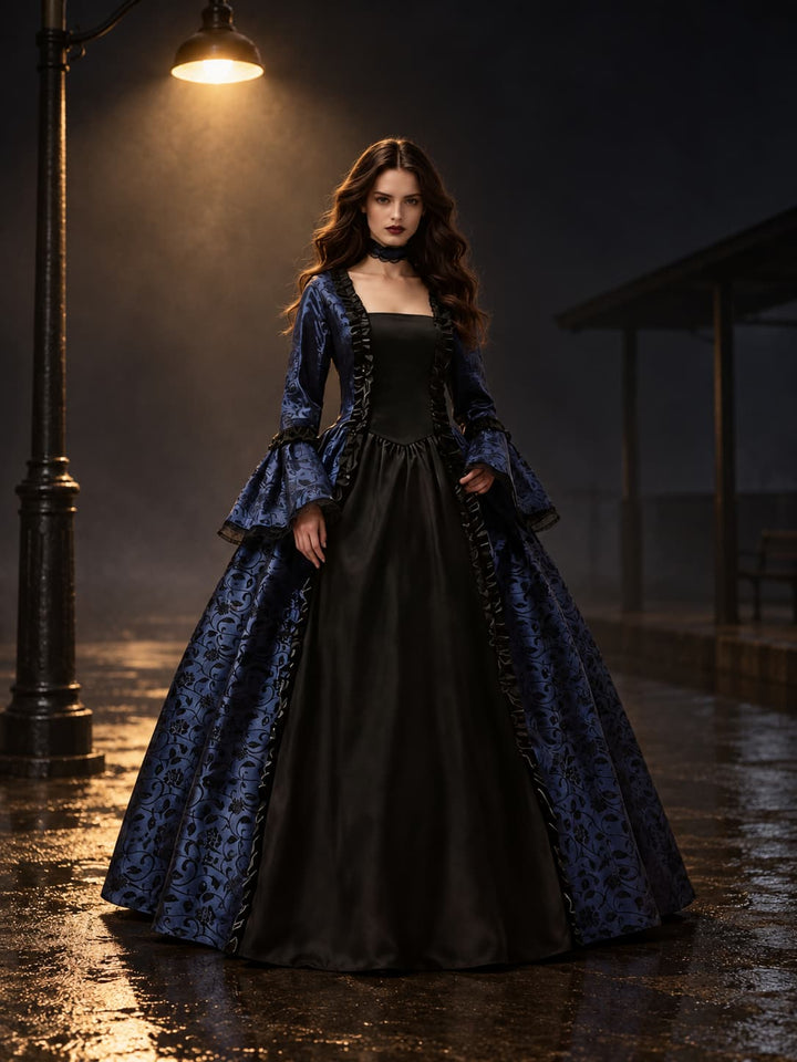 Women's Gothic Vampire Halloween Costume Dress with Flared Sleeves