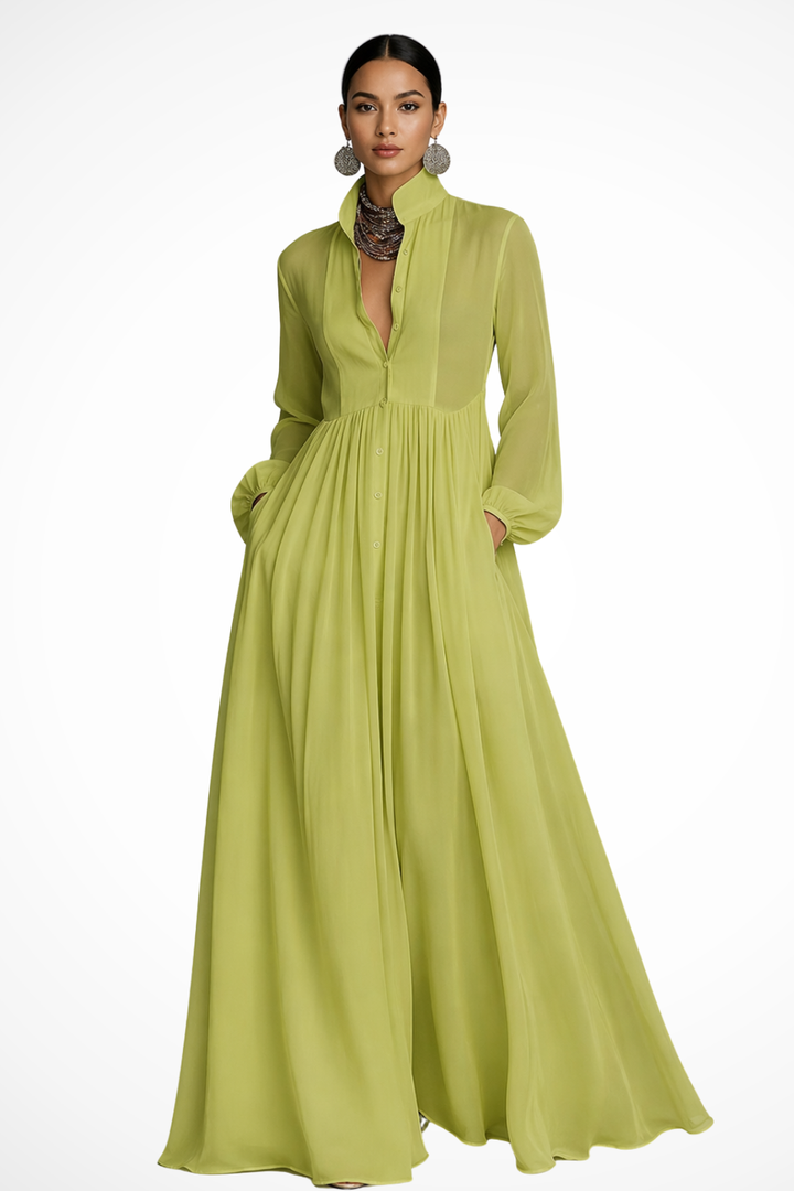 Women's Long Sleeve Maxi Dress with Buttons and Pockets