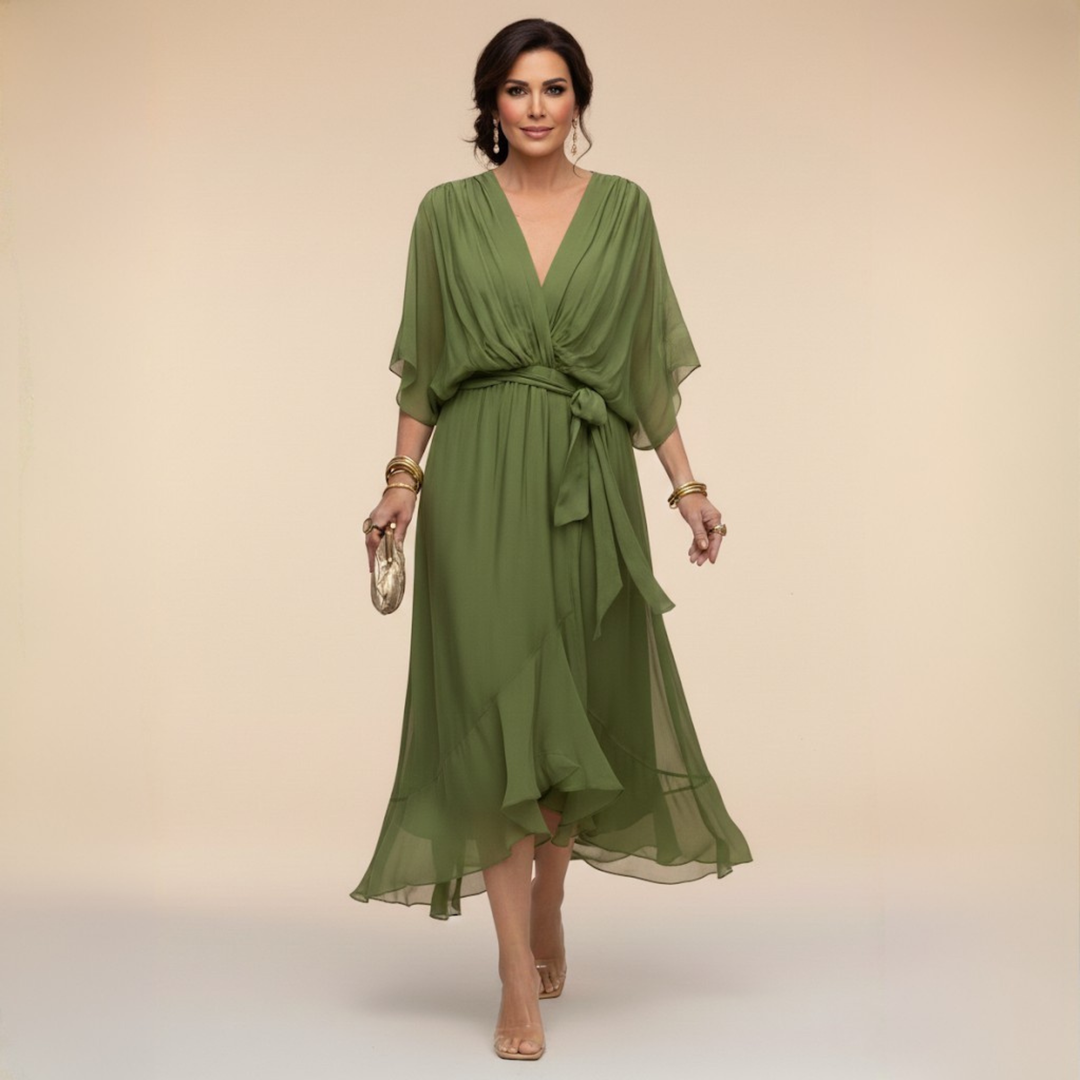 Elegant, flowing women's midi dress – V-neck & adjustable waist