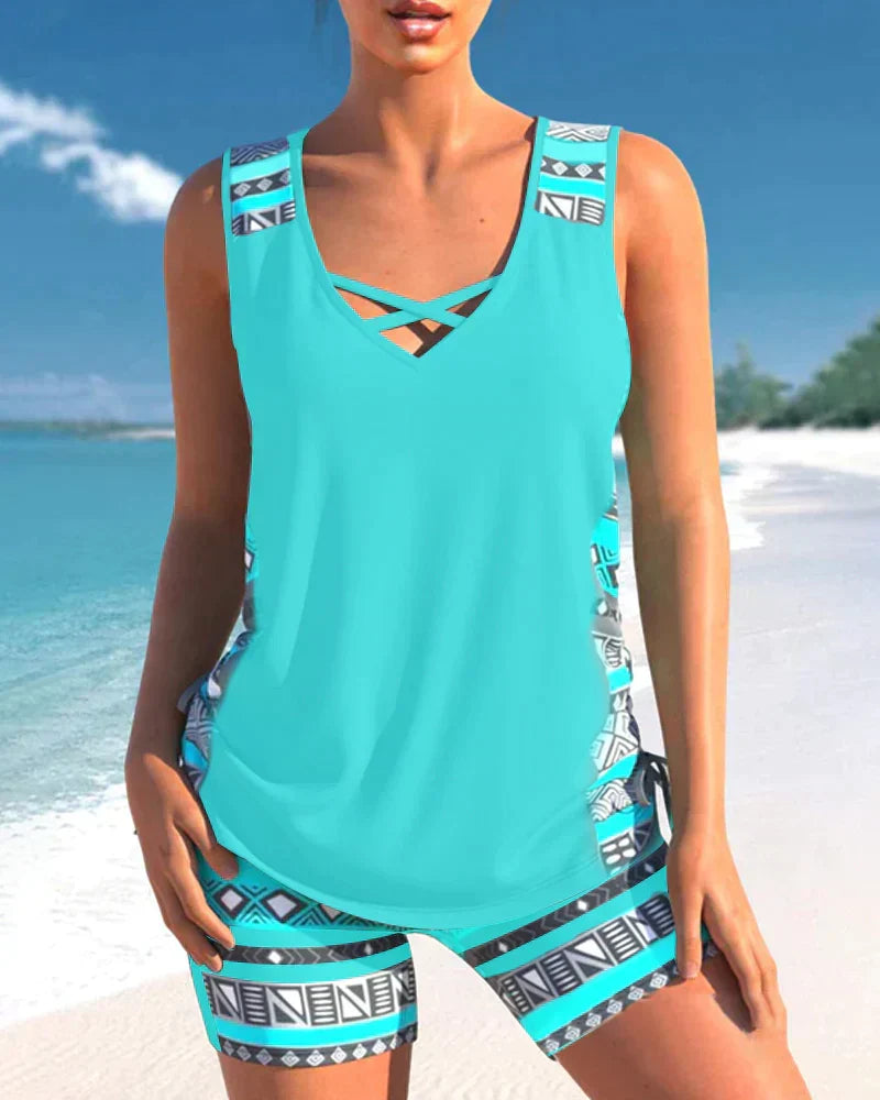Trendy Swimwear with V-Neck & Geometric Pattern – Madonna Tankini Set