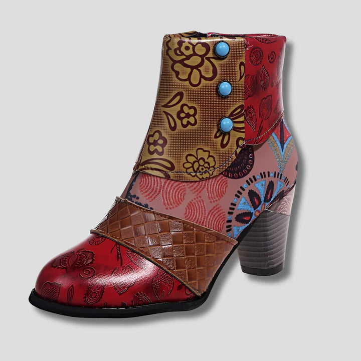 Embossed Floral Leather with Chunky Heel and Vintage Charm