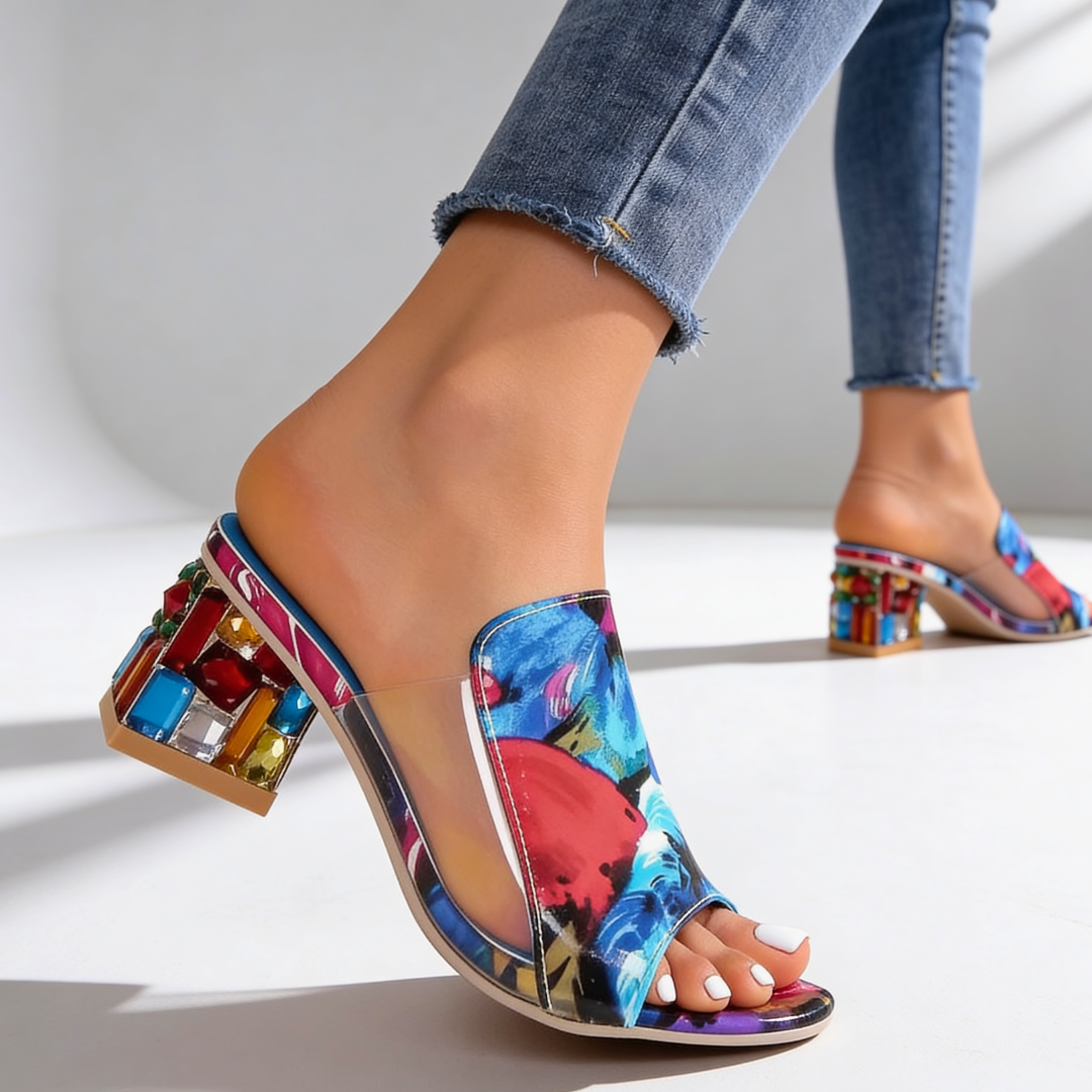 Women's Rhinestone Block Heel Slides - Peep-Toe Sandals