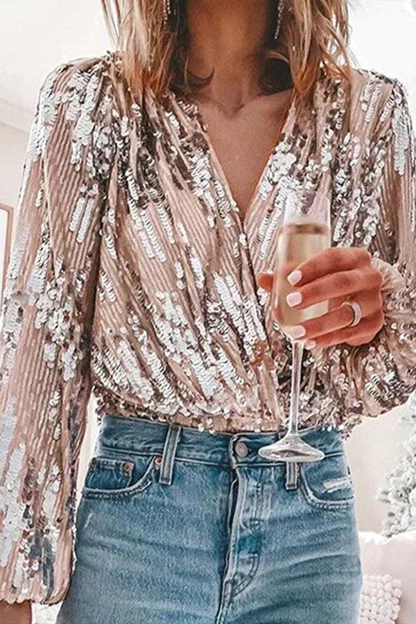 Sparkling & Stylish Women's Glitter V-Neck Long-Sleeve Top – Naya