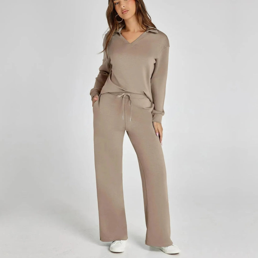Women's Loungewear Set with V-Neck Sweatshirt and Wide Comfy Pants