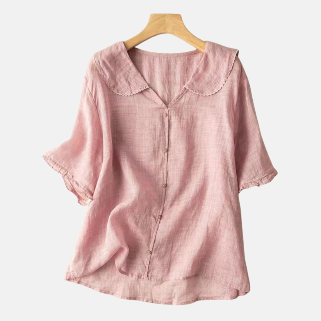 Women’s Cotton Linen Retro Shirt with Doll Collar