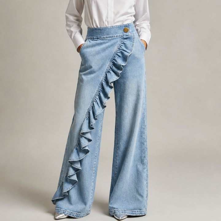 Women's Wide Denim Pants with Asymmetric Ruffle, Culotte Style