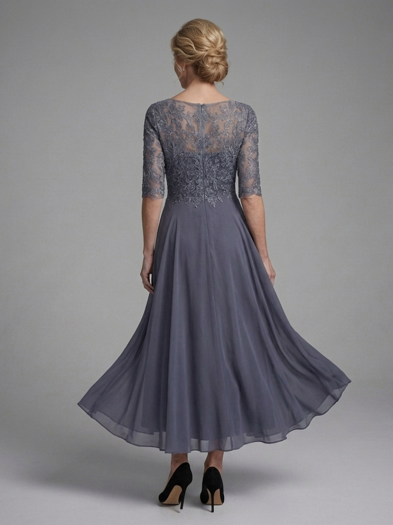 Women's Midi Dress Lace Bodice with Sheer Sleeves