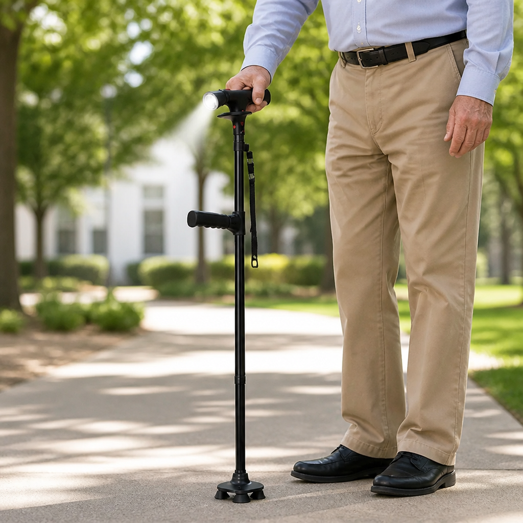 Lightweight Folding Aluminum Walking Stick with 4-Point Base, LED Light and Alarm
