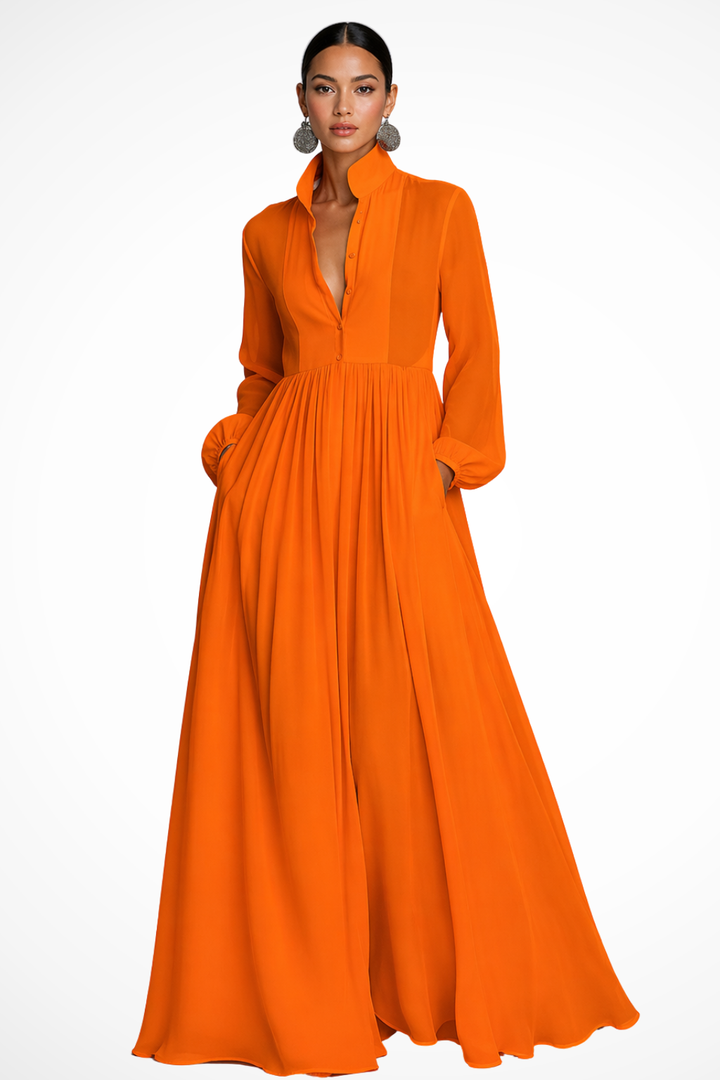 Women's Long Sleeve Maxi Dress with Buttons and Pockets