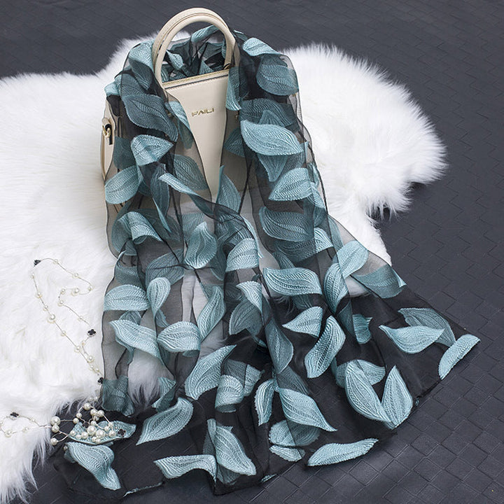 Silk Scarf with Cut Flower Pattern and Blank Motif