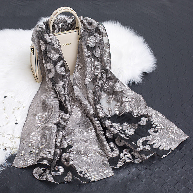 Silk Scarf with Cut Flower Pattern and Blank Motif