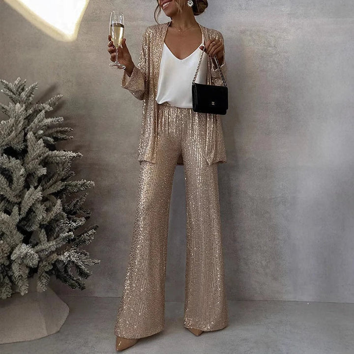 Two-Piece Sequin Set with High-Waisted Pants
