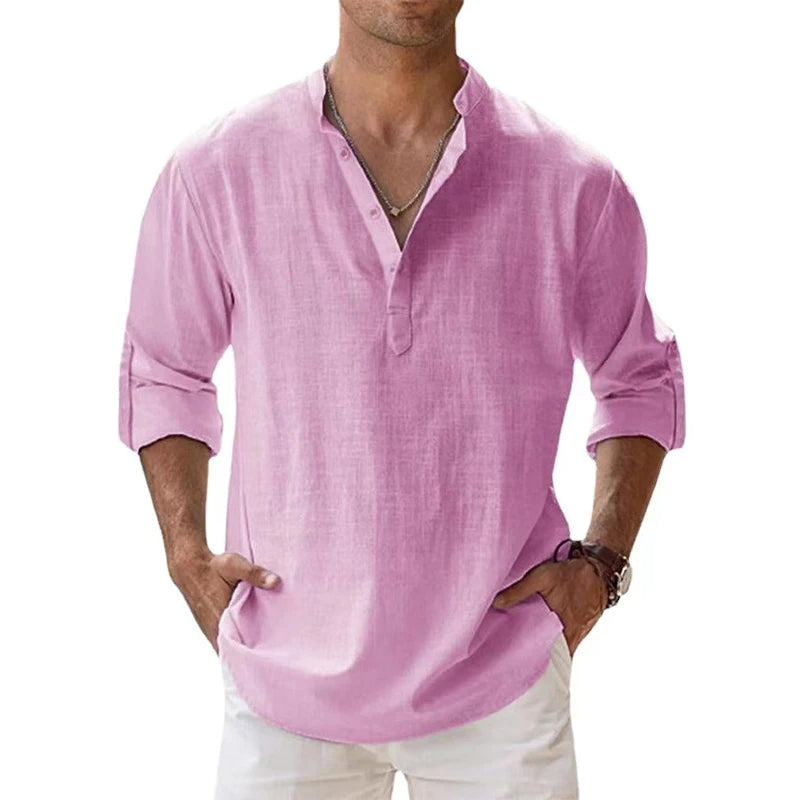 Men's Linen Henley Shirt, Relaxed Button-Placket Top for Summer