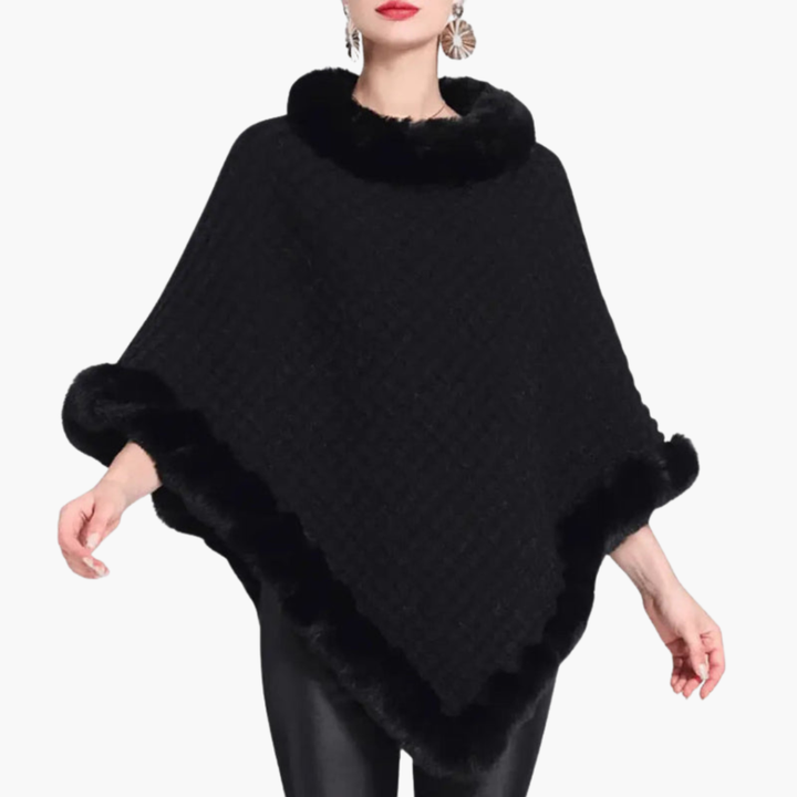 Women’s Knit Poncho with Faux Fur Trim and Oversized Fit