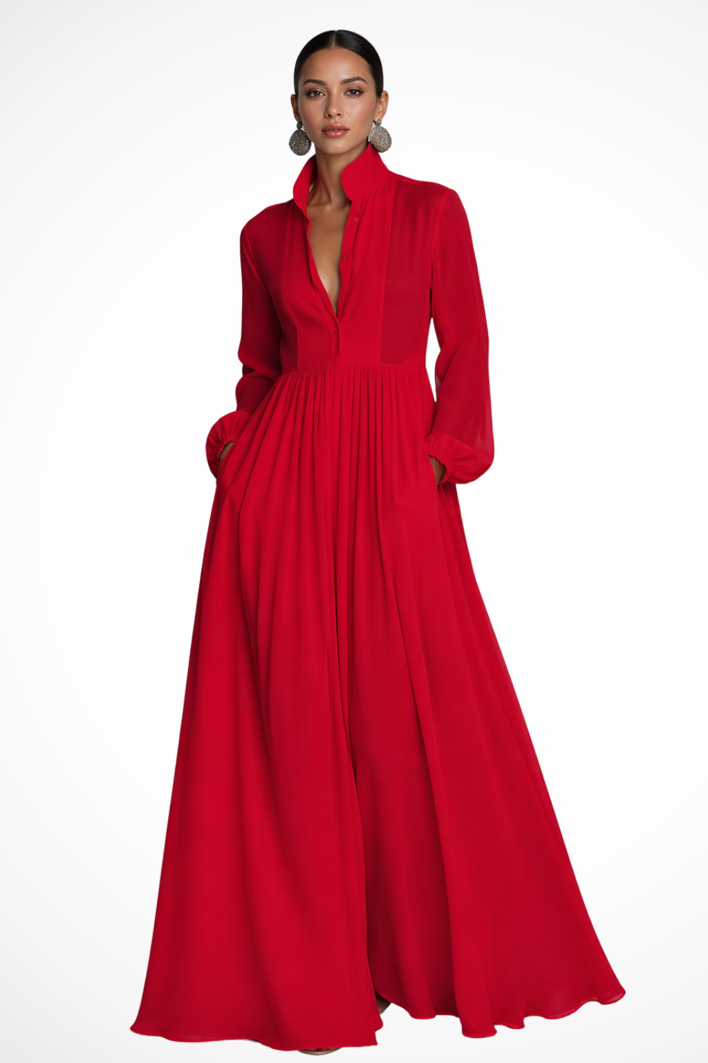 Women's Long Sleeve Maxi Dress with Buttons and Pockets