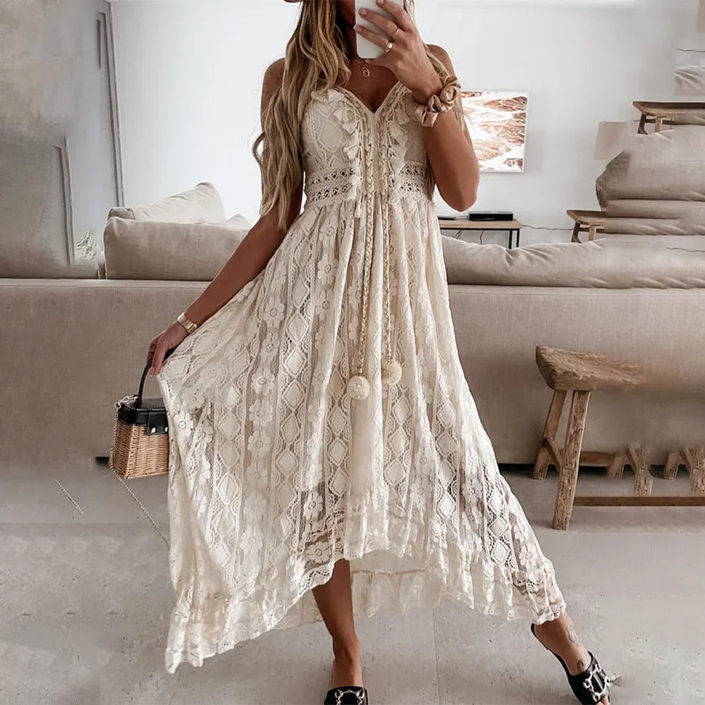 BreezeCharm – Boho Lace Tie Dress with Tassels