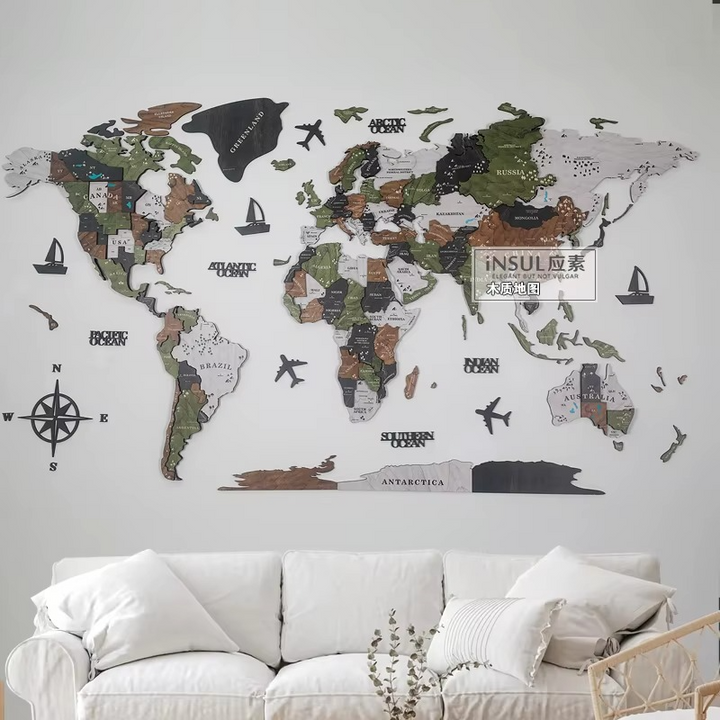 3D Wooden World Map Wall Art with Continents Compass Rose and Sailboats