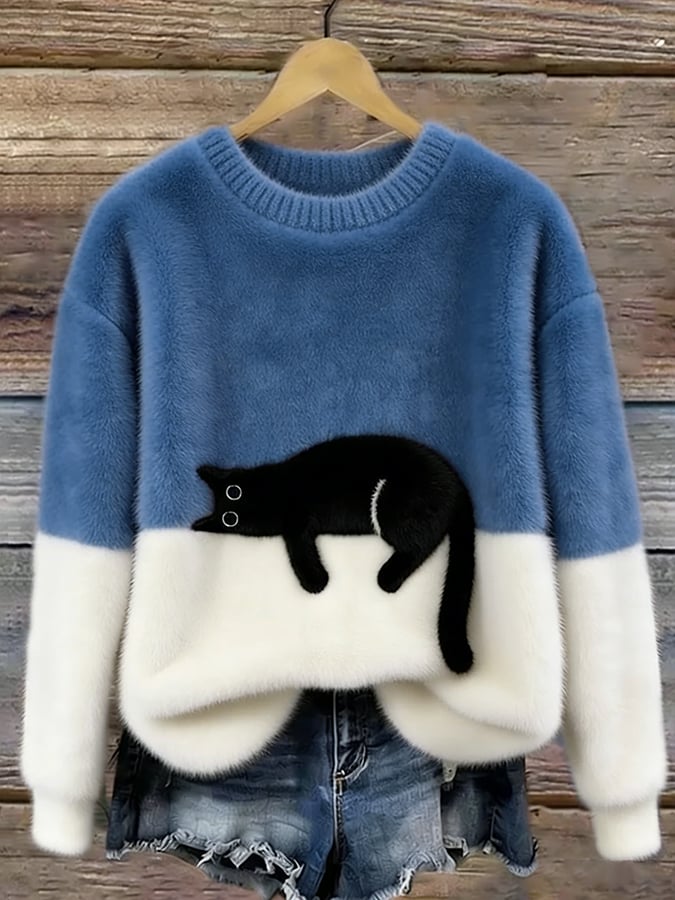 Oversized Sweater with Cat Print