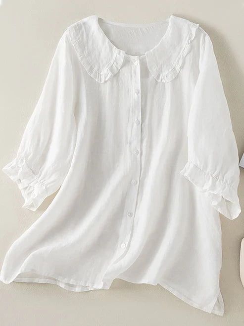 Women's Cotton Linen Loose Peter Pan Ruffle Neck Shirt