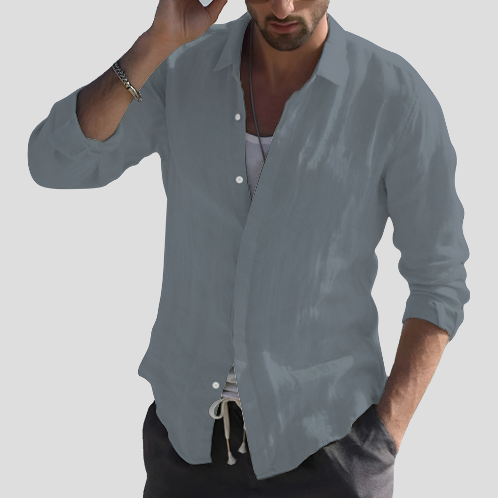 Vintage Solid Linen Shirt with Turn-Down Collar