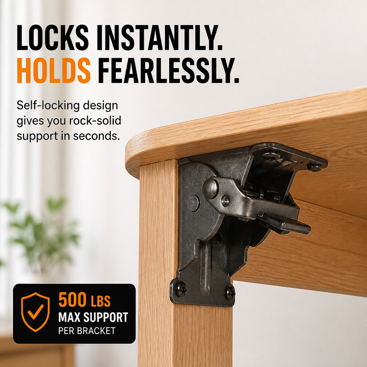 Heavy-Duty Folding Bracket, 500 lb Capacity, Self-Locking Steel, Space-Saving