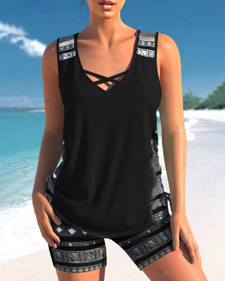 Trendy Swimwear with V-Neck & Geometric Pattern – Madonna Tankini Set