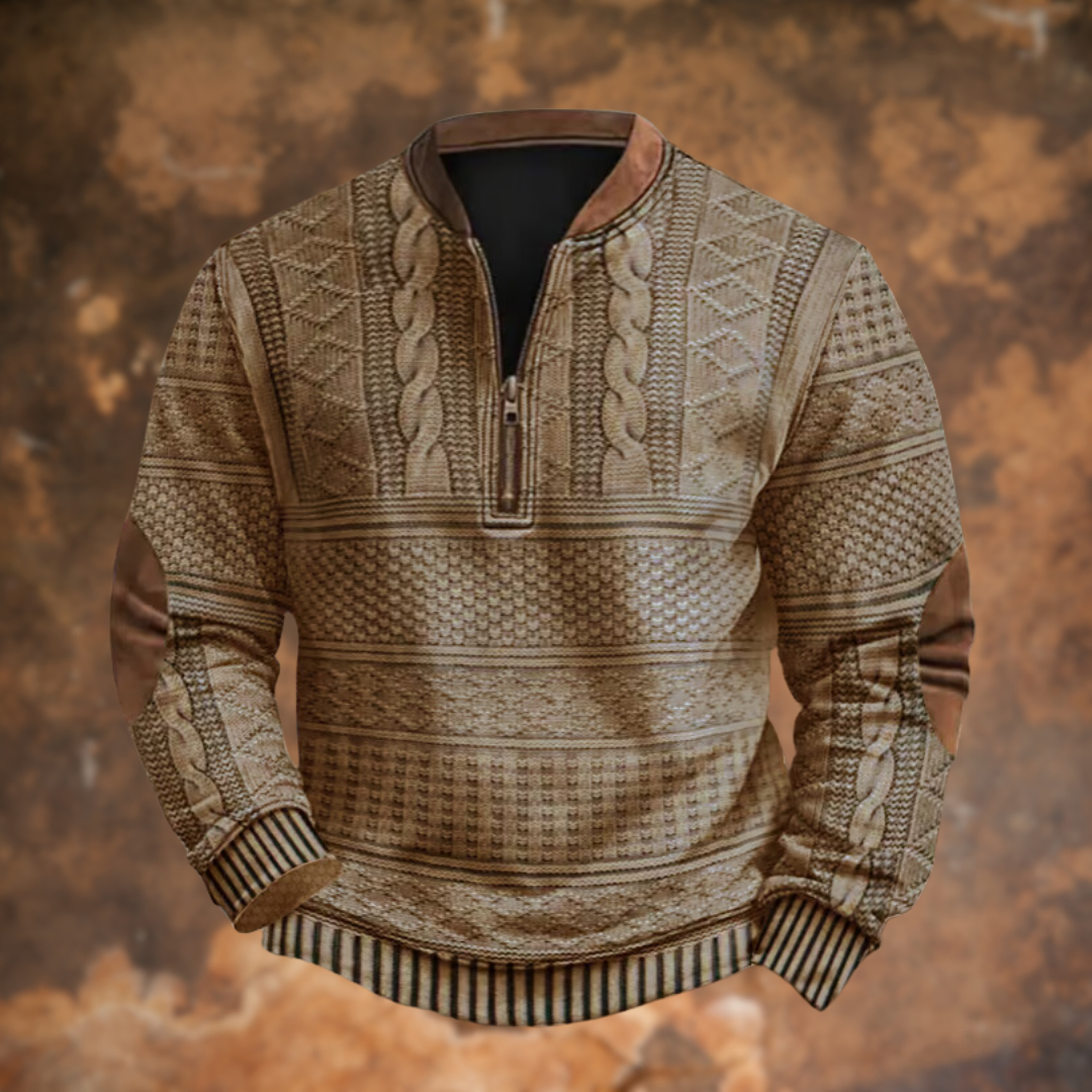 Men's Knitted Sweater with Half Zip and Elbow Patches
