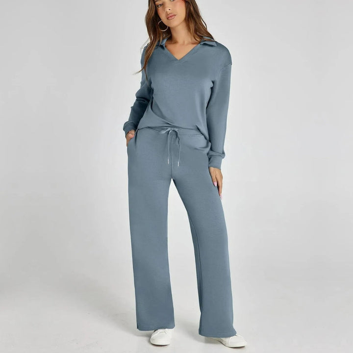 Women's Loungewear Set with V-Neck Sweatshirt and Wide Comfy Pants