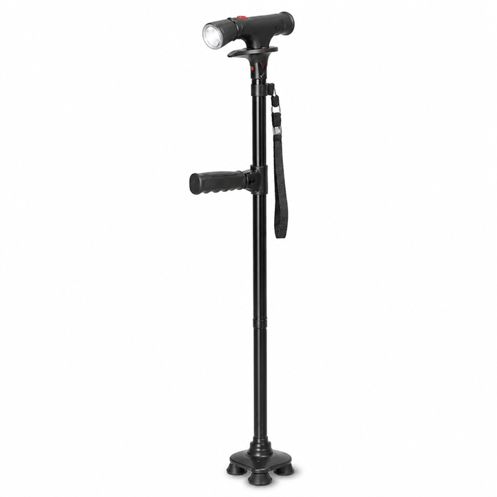 Lightweight Folding Aluminum Walking Stick with 4-Point Base, LED Light and Alarm