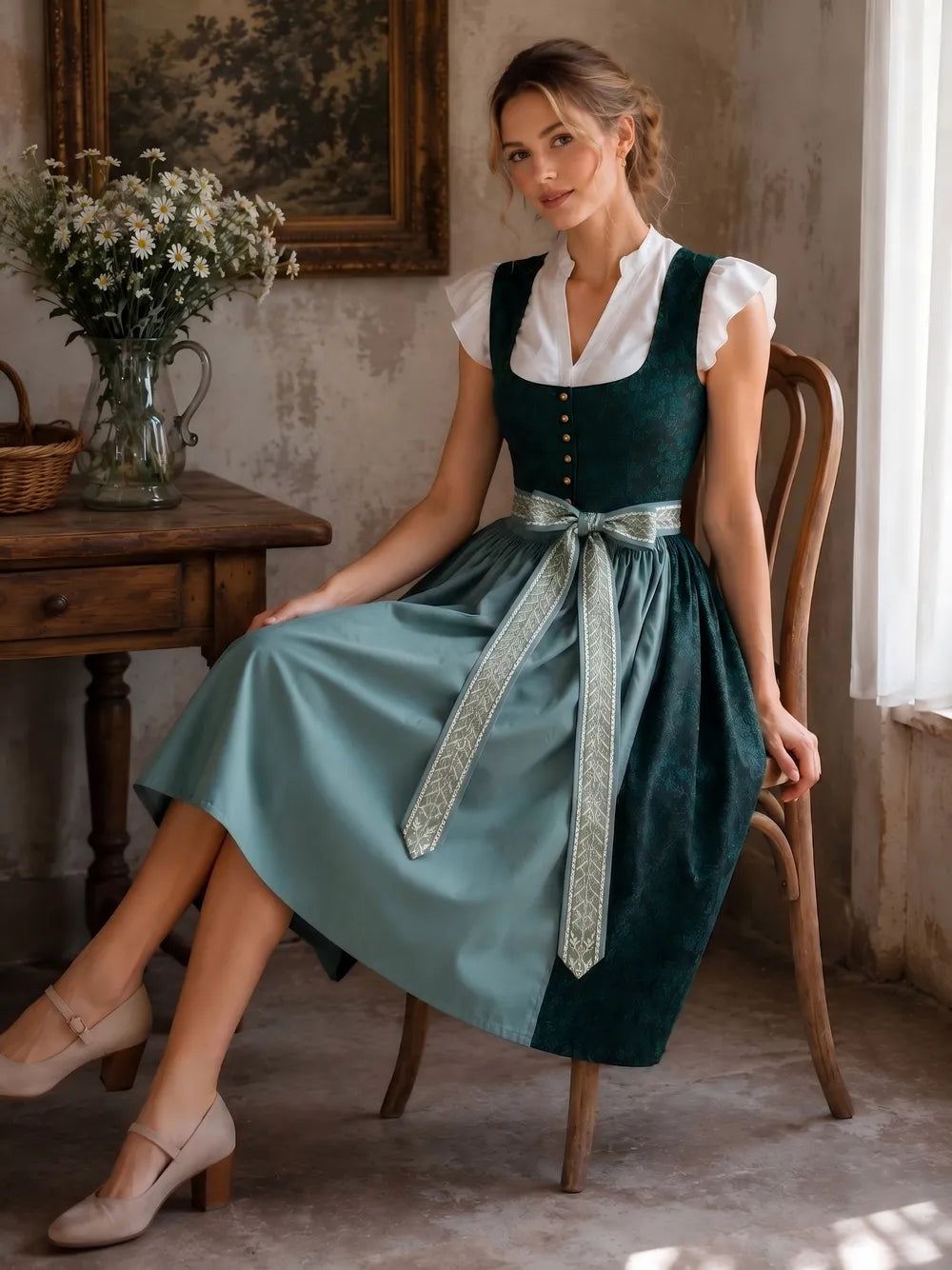 Woven Dress with Rounded Front Hem and Lacing