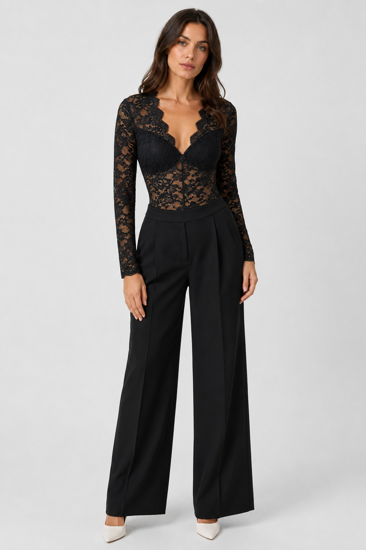 Women's Lace V-Neck Bodysuit with Long Sheer Sleeves, Bodycon Fit