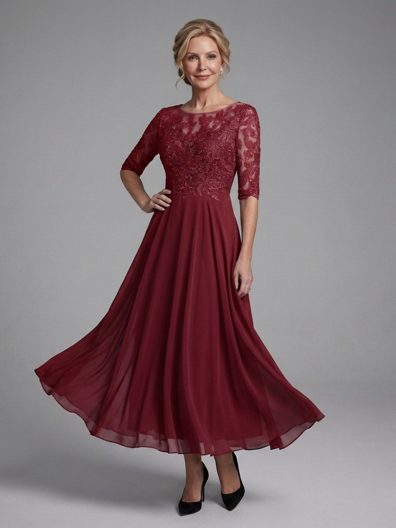 Women's Midi Dress Lace Bodice with Sheer Sleeves
