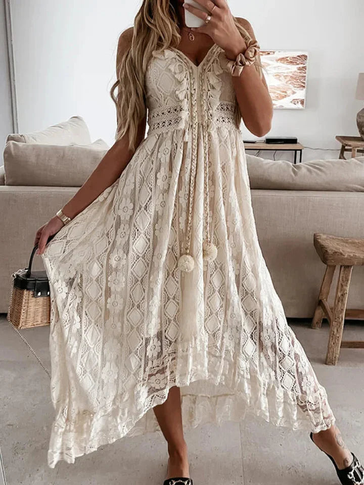 Bohemian Maxi Dress with Lace and Elegant Flared Sleeves