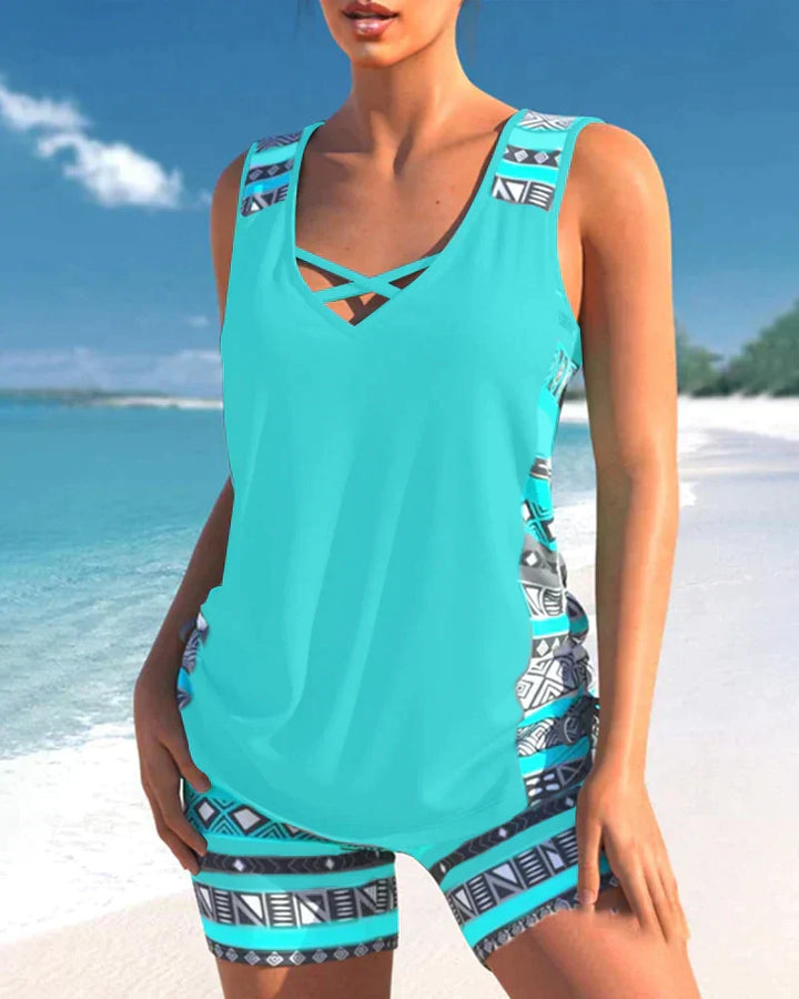Trendy Swimwear with V-Neck & Geometric Pattern – Madonna Tankini Set