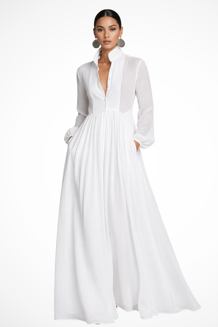Women's Long Sleeve Maxi Dress with Buttons and Pockets