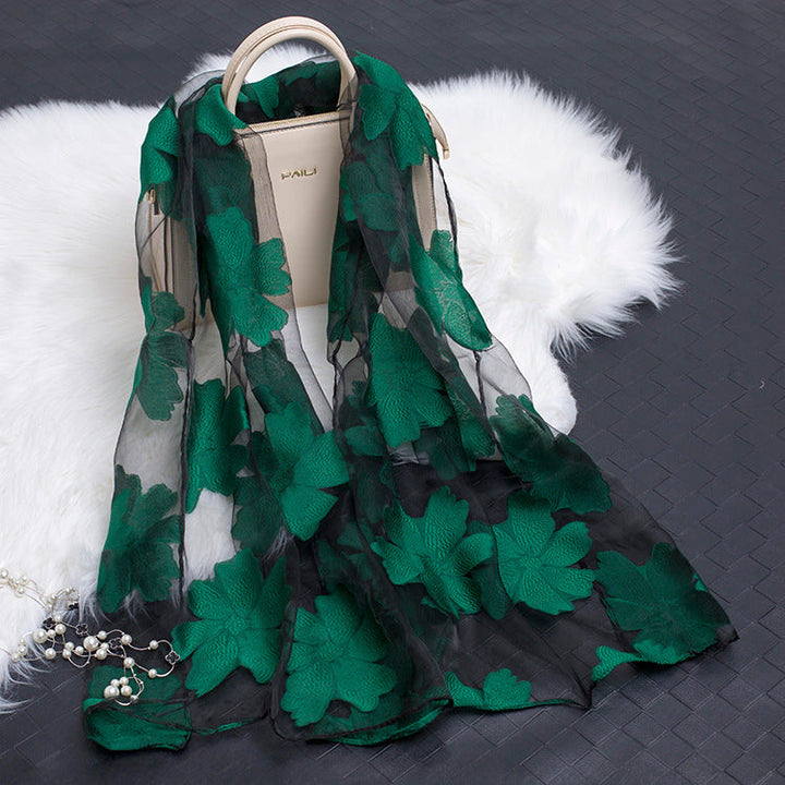 Silk Scarf with Cut Flower Pattern and Blank Motif