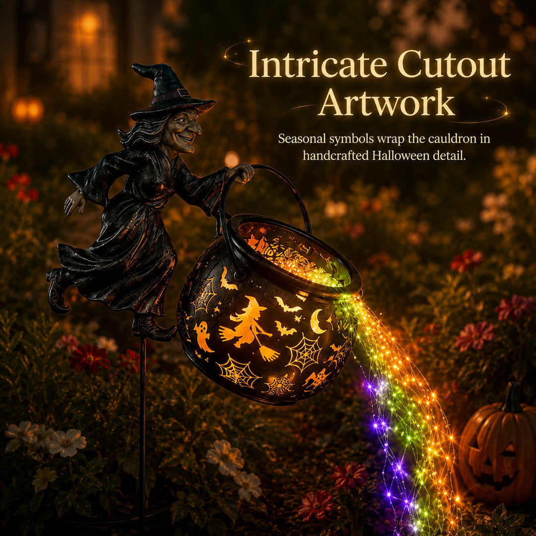 Halloween Witch's Cauldron Garden Lamp with Colorful Glow and Spooky Projections