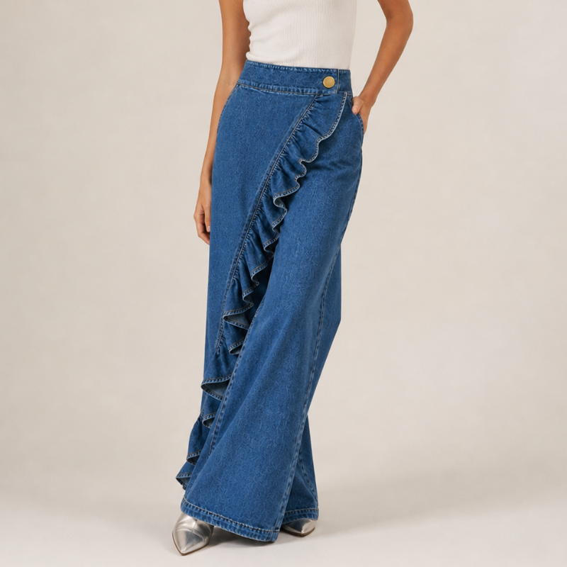 Women's Wide Denim Pants with Asymmetric Ruffle, Culotte Style