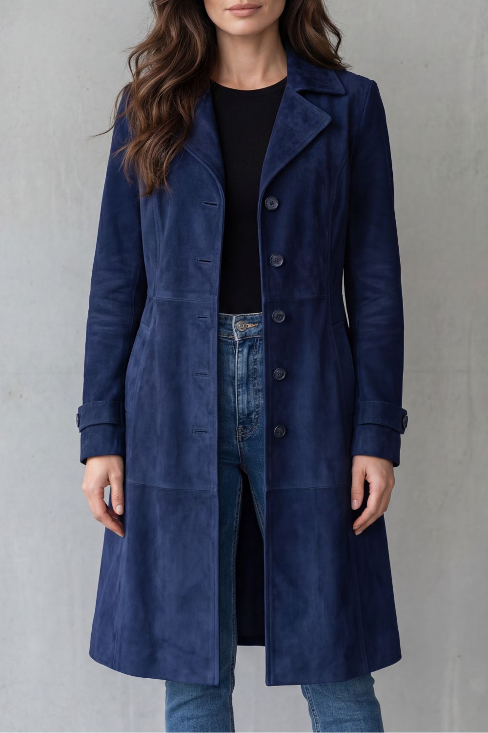 Women's Long Coat Faux Suede Look with Classic Collar